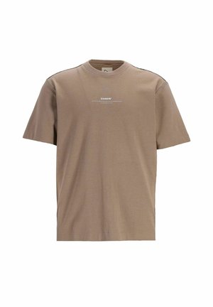 T-shirt in cotone beige con maniche corte, colletto rotondo e un logo in bianco sul petto. Tessuto morbido e vestibilità comoda.