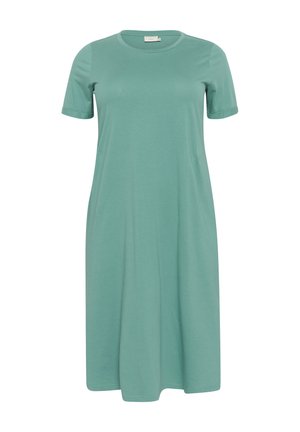 Kleid mit kurzen Ärmeln und Rundhalsausschnitt aus weichem Türkisstoff. A-Linie-Silhouette mit glatter Textur und knielangem Saum. Keine Muster oder Verzierungen.