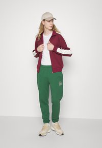 Sarkans un balts kapucis, balts T-krekls, zaļi sporta bikses, bēšas kedas. Vienkāršs dizains, mīksta auduma, sportisks piegriezums, biksēm ir logotips.