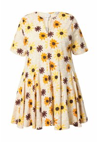 Beiges kurzärmeliges Kleid mit V-Ausschnitt und ausgestelltem Rock, verziert mit großen gelben, orangefarbenen und braunen Blumendrucken.
