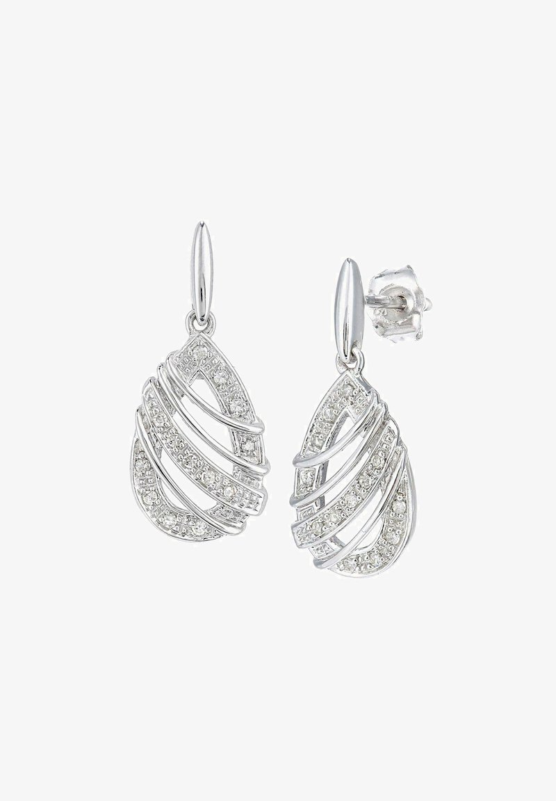 Sidabrinės lašų auskarai su persipynimu, pasižymintys tekstūriniu paviršiumi ir įmontuotais skaidriais kristalais, suteikiančiais blizgesio.