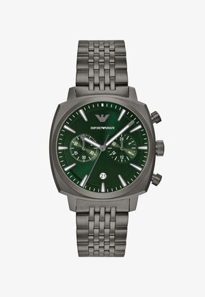 Green dial chronograph watch with silver accents, stainless steel mesh bracelet, octagonal case, and date display at the 6 o'clock position.