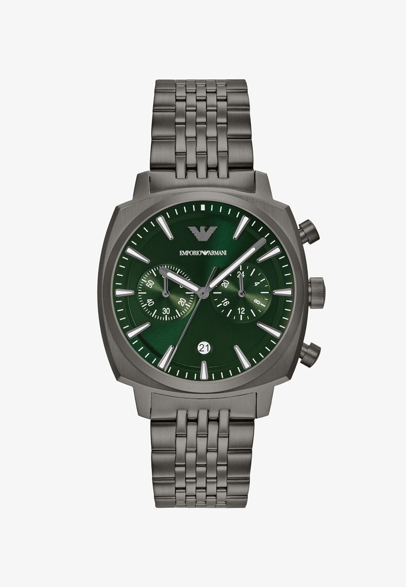 Grüne Zifferblatt-Chronographuhr mit silbernen Akzenten, Armband aus Edelstahlgeflecht, octagonales Gehäuse und Datumsanzeige auf der 6-Uhr-Position.