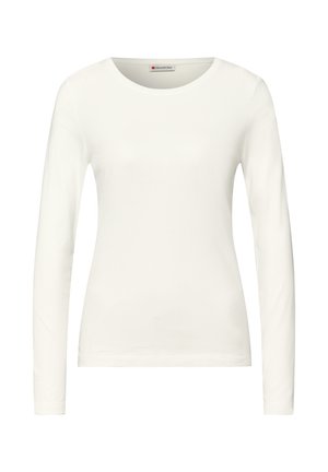 Camiseta blanca de manga larga hecha de tela suave, con cuello redondo y forma ajustada. Cuenta con una etiqueta en el cuello. Diseño sencillo.