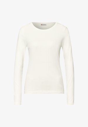 Valkoinen pitkähihaisen t-paita, joka on valmistettu sileästä kankaasta, pyöreällä kaula-aukolla ja istuvalla mallilla. Kauluksessa on merkintä. Yksinkertainen design.