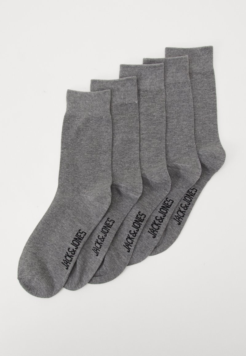 Cinco pares de meias de algodão cinzentas, com uma textura suave, punhos canelados e a marca "JACK & JONES" impressa na parte inferior.
