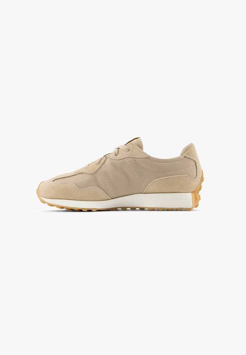 Beige athletic shoe with suede and mesh upper, lace-up design, cushioned sole, and contrasting brown rubber outsole.