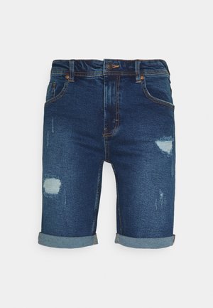 Denim shorts in dark blue with a distressed finish, featuring rolled cuffs, multiple pockets, and visible stitching details.