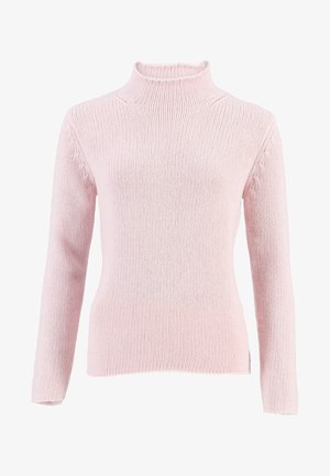 Světlounce růžový pletený svetr s dlouhými rukávy a krátkým stojáčkovým límcem, zobrazený zepředu na bílém pozadí.