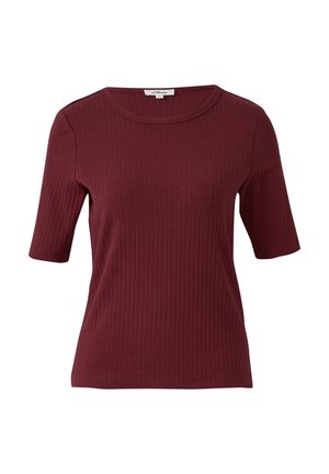Korte mouw, ribgebreid shirt in diep bordeaux met een ronde halslijn en een aansluitende silhouet.