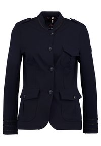 Blazer navy con un design strutturato, spalline, polsini texturizzati, due tasche anteriori e chiusura con bottoni. Finitura in tessuto liscio.