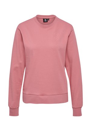 Różowa bluza z długim rękawem i okrągłym dekoltem, z prążkowanymi ściągaczami na rękawach i u dołu, z trzema przeszywanymi logo w kształcie litery V na górnej lewej stronie klatki piersiowej.