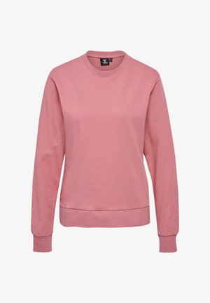 Różowa bluza z długim rękawem i okrągłym dekoltem, z prążkowanymi ściągaczami na rękawach i u dołu, z trzema przeszywanymi logo w kształcie litery V na górnej lewej stronie klatki piersiowej.