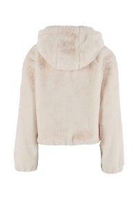 Faux-Fur-Jacke mit Kapuze in sanftem Beige, verkürztem Design mit langen Ärmeln und elastischen Bündchen. Sie verfügt über eine glatte, struktierte Oberfläche.