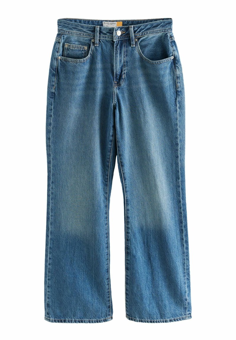 Vaqueros de denim azul claro con un corte relajado, piernas rectas, cinco bolsillos y un acabado ligeramente deslavado. Cuenta con cierre de botón y cremallera estándar.
