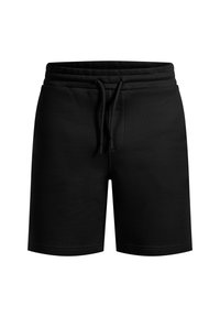 Schwarze sportliche Shorts aus weichem Stoff, mit verstellbarem Kordelzugbund, flachen Nähten und glatter Textur.
