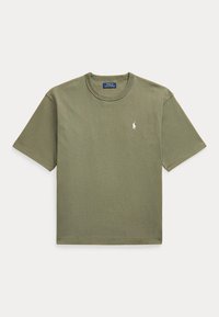 T-shirt semplice verde oliva a maniche corte con scollo rotondo e piccolo logo bianco ricamato sul petto sinistro.