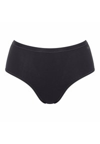 Schwarze, hoch taillierte Unterwäsche aus glattem Stoff. Verfügt über einen breiten Bund, geschwungene Beinausschnitte und minimalistische Nahtdetails.