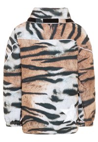 Veste à motif tigre en tissu doux. Dotée d'un col montant, de poignets élastiques, d'un accent étoile blanche sur le côté et de rayures contrastées.