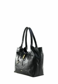 Sac en cuir noir avec double poignées, présente un design minimaliste, des accents dorés et un charmant distinctif en forme de lettre 'P'.