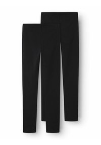 Leggings noirs en matériau lisse et extensible ; design taille haute sans poches visibles ; deux tailles affichées, côte à côte.