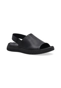 Černé kožené sandály na slip-on s otevřenou špičkou, zadním páskem, texturovanou podrážkou a minimálními detaily šití.