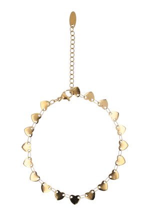 Arany tónusú karkötő kis, összekapcsolt szív alakú medálokkal és rákkapcsos, állítható lánchosszabbítóval.