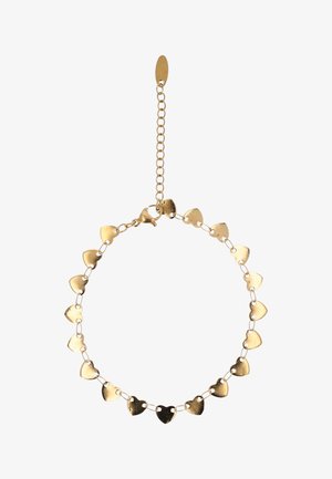 Goudkleurige armband met verbonden kleine hartvormige bedels en een karabijnsluiting met een verstelbare verlengkettinkje.