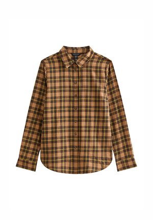 Bruine geruite overhemd met knopen en lange mouwen, voorzien van gele en zwarte accenten, een standaard kraag en een ronde zoom.