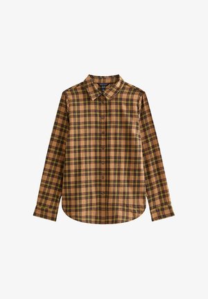 Bruine geruite overhemd met knopen en lange mouwen, voorzien van gele en zwarte accenten, een standaard kraag en een ronde zoom.