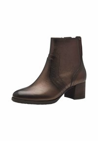 Braune Leder-Stiefelette mit strukturierter Oberfläche, blockförmigem Absatz, seitlichem Reißverschluss und geschwungenen Nähten.