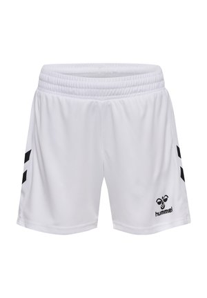 Hvide sportsshorts med elastisk taljebånd, to sorte striber på hver side og et lille sort logo på nederste højre front.