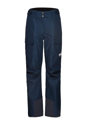 Pantalons imperméables de couleur marine avec une coupe droite, deux poches cargo et des panneaux inférieurs renforcés. Comprend une taille à double bouton et des ajustements en Velcro.