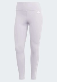 Lichtpaarse leggings met een hoge, elastische tailleband, een gladde textuur en een wit merkje op de linkerdij. Strak ontwerp en enkelhoogte.