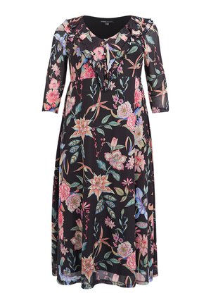 Blomstret kjole i sort med flæser ved halsudskæringen, 3/4-ærmer og en A-formet silhuet med farverige mønstre.