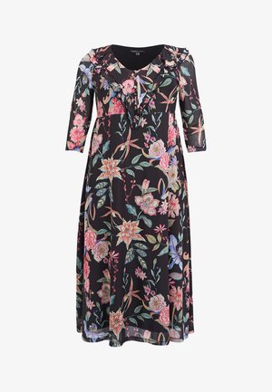 Zwarte jurk met bloemenprint, voorzien van een geruchte halslijn, driekwart mouwen en een A-lijn silhouet met kleurrijke motieven.