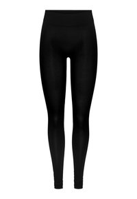 Svarta leggings i stretchigt tyg, med ett brett elastiskt midjeband, kroppsnära passform och hel lårlängd utan mönster.