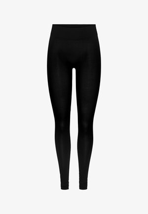 Svarte tights laget av elastisk stoff, med bred elastisk midjebånd, tettsittende fasong og hel lengde uten mønster.