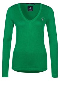 Zelený svetr s výstřihem do V a dlouhými rukávy, vyrobený z texturované látky. Má malý logo na levé straně hrudi a zaoblený lem.