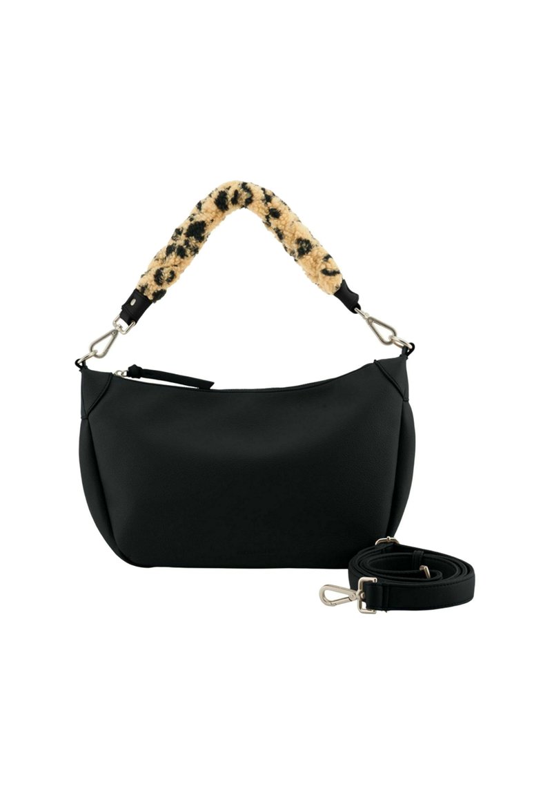 Sac à main noir avec une anse en fausse fourrure imprimée léopard amovible et une longue bandoulière noire supplémentaire avec des fermoirs en argent.