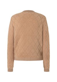Beige gewatteerde fleecejack met lange mouwen en geribde manchetten, getoond vanaf de achterkant op een witte achtergrond.