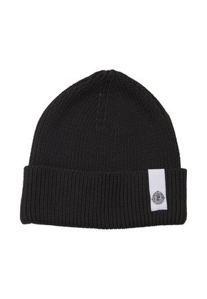 Bonnet en tricot noir avec texture côtelée, doté d'un revers et d'une étiquette blanche avec un logo sur le côté.