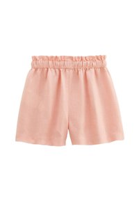 Shorts en lin rose avec une taille élastique froncée, offrant une coupe ample et une texture lisse, adaptés pour un port par temps chaud.