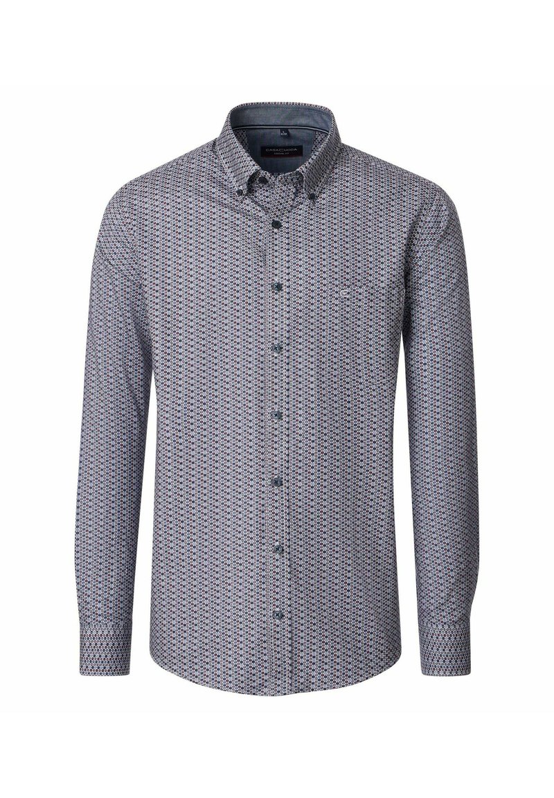 Langemouw overhemd met knoopsluiting in een gemusterde stof, met blauwe, rode en witte geometrische ontwerpen. Klassieke kraag en één borstzak.