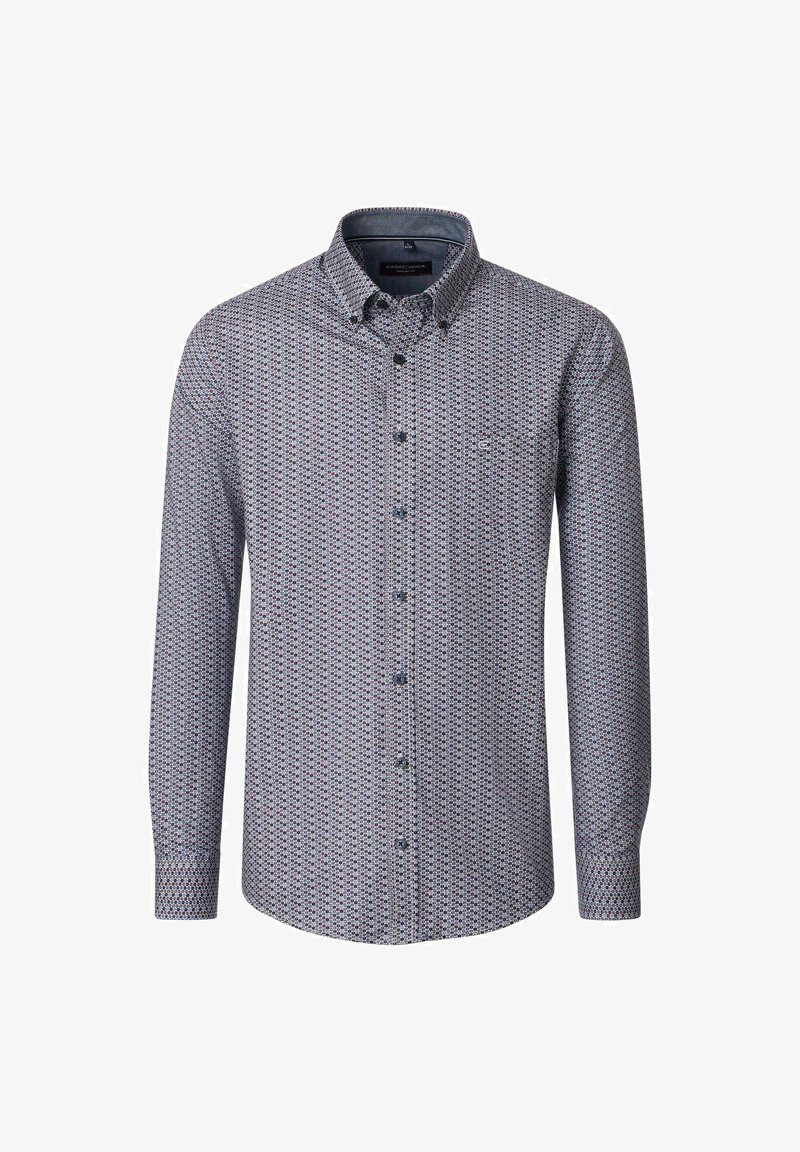 Langemouw overhemd met knoopsluiting in een gemusterde stof, met blauwe, rode en witte geometrische ontwerpen. Klassieke kraag en één borstzak.