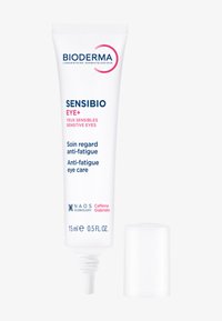 Tube de soin pour les yeux Bioderma, 15 ml. Plastique blanc avec texte bleu, doté d'un bouchon à bascule. Ingrédients clés mis en avant : caféine, glabridine.