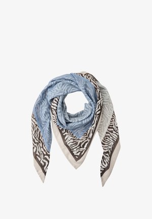 Foulard carré à rayures zèbre bleu et beige, plié en un triangle lâche avec des extrémités pointues.