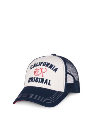 Casquette trucker bicolore avec devant blanc et arrière en mesh bleu marine, visière bleu marine, et texte « California Original » avec logo rouge sur le panneau avant.