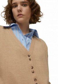 Cardigan beige lavorato a maglia con scollo a V e sei bottoni marroni, indossato su una camicia a righe blu chiaro. Texture liscia, design casual.