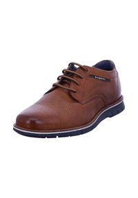 Braune Leder Schnürschuhe mit strukturiertem Obermaterial, runder Zehenform, Zuglasche, kontrastierender marineblauer Fütterung und Gummisohle mit Profil.